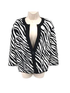 Jones New York Black White Zebra Print Button Front Knit Cardigan Sweater L